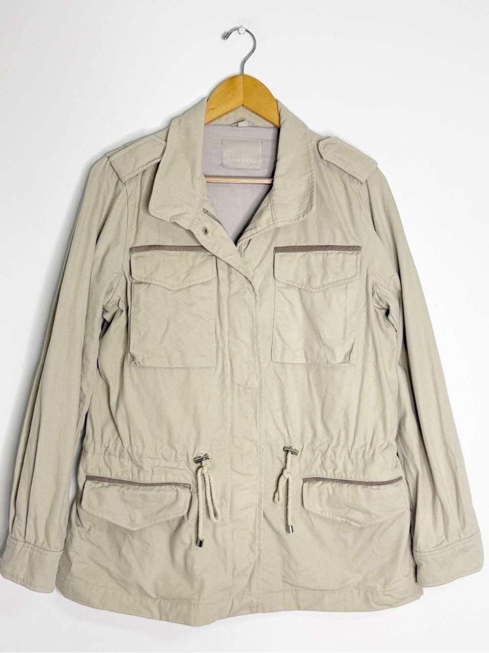 Soia & Kyo Utility Jacket Large Cotton Canvas Leather Trim Beige